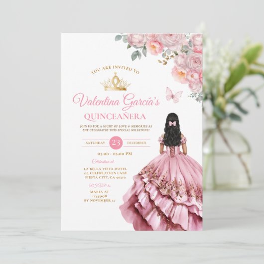 Meisje Roze Jurk Quinceañera 15 Anos Bloemen Goud Kaart (Staand voorkant)