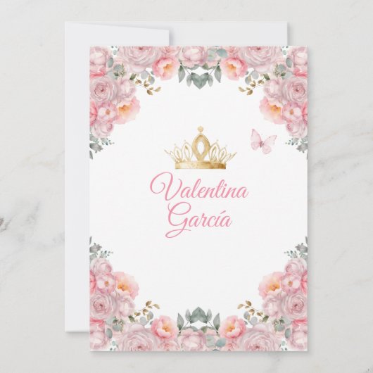 Meisje Roze Jurk Quinceañera 15 Anos Bloemen Goud Kaart (Achterkant)