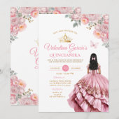 Meisje Roze Jurk Quinceañera 15 Anos Bloemen Goud Kaart (Voorkant / Achterkant)