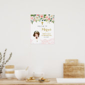 Meisje Roze Kant Bloem Eerste Communie Welkomstbor Poster (Keuken)