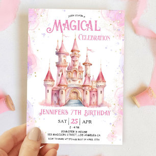 Meisje Roze Kasteel Prinses 7e Verjaardagsfeest Kaart
