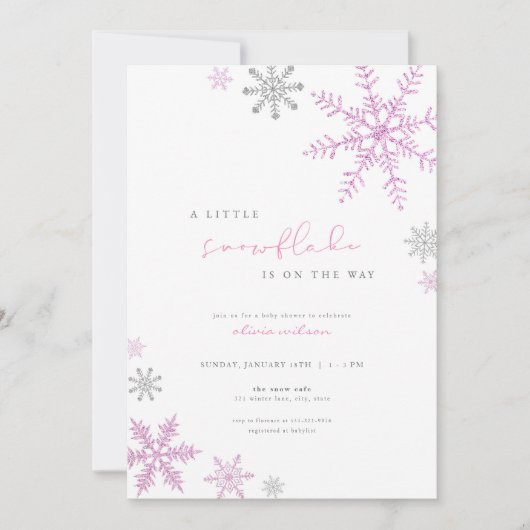 Meisje Roze Kleine Sneeuwvlok Baby shower Invitati Kaart (Voorkant)