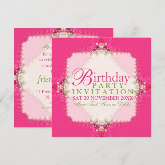 Meisje Roze Lacy Verjaardagsfeestje Uitnodigingen (Voorkant / Achterkant)