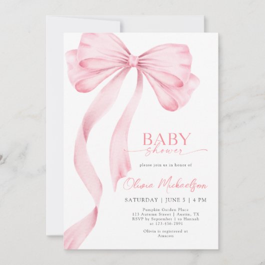 Meisje Roze Lint Bow Coquette Elegant Baby shower Kaart (Voorkant)