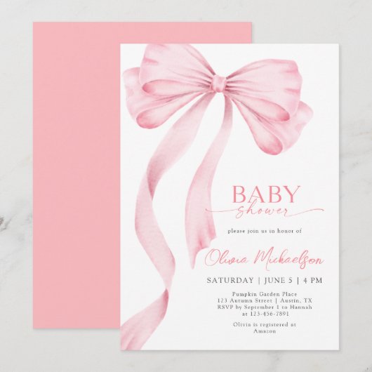 Meisje Roze Lint Bow Coquette Elegant Baby shower Kaart (Voorkant / Achterkant)