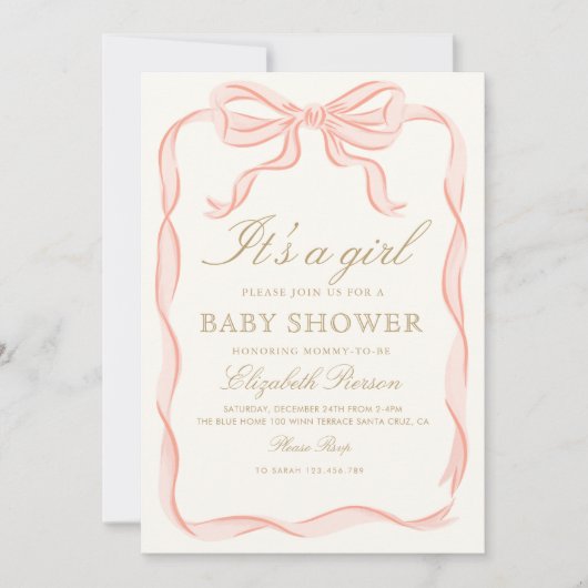 Meisje Roze Lint elegant Minimalistisch Baby showe Kaart (Voorkant)