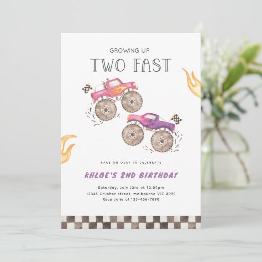 Meisje Roze Monster Truck Twee snelle verjaardag Kaart (Staand voorkant)