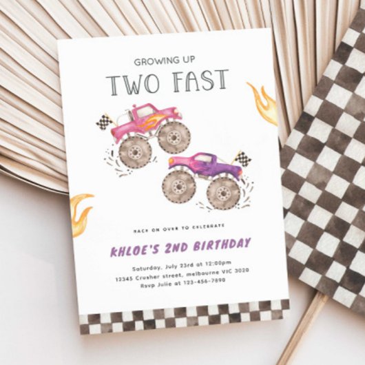 Meisje Roze Monster Truck Twee snelle verjaardag Kaart