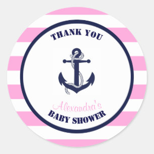 Meisje Roze Nautisch Baby shower Dank u Favor Ronde Sticker