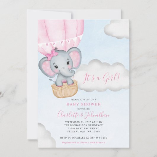 Meisje Roze Olifant Baby shower Kaart (Voorkant)