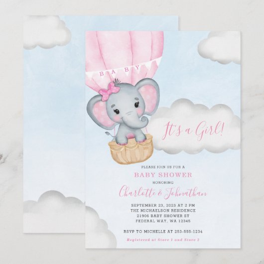 Meisje Roze Olifant Baby shower Kaart (Voorkant / Achterkant)