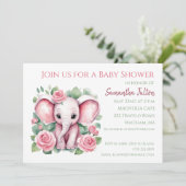 Meisje Roze Olifant Rozen Baby shower Invitation Kaart (Staand voorkant)