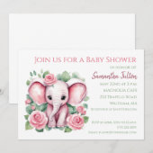 Meisje Roze Olifant Rozen Baby shower Invitation Kaart (Voorkant / Achterkant)