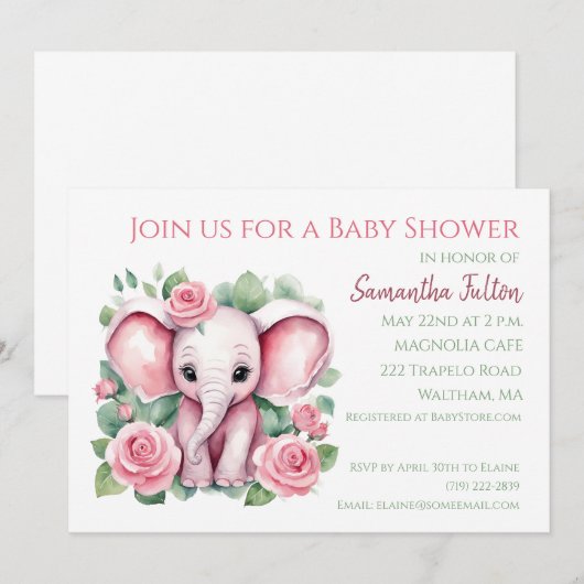 Meisje Roze Olifant Rozen Baby shower Invitation Kaart (Voorkant / Achterkant)