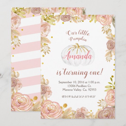 Meisje Roze Onze Pompoen draait één Uitnodiging (Voorkant / Achterkant)