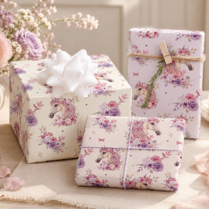 Meisje Roze Paarse Pony Pastel Bloemen Inpakpapier Vel