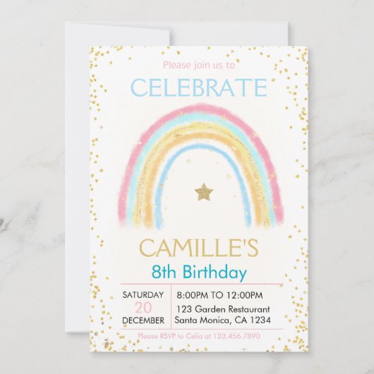 Meisje Roze Pastel Goud Regenboog verjaardag Uitno Kaart (Voorkant)