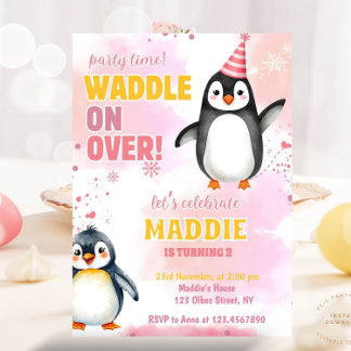Meisje Roze Pinguïn Winter Verjaardag Uitnodiging