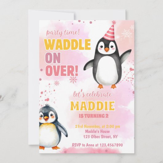 Meisje Roze Pinguïn Winter Verjaardag Uitnodiging (Voorkant)