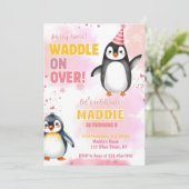 Meisje Roze Pinguïn Winter Verjaardag Uitnodiging (Staand voorkant)