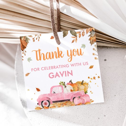 Meisje Roze Pompoen Truck Herfst Verjaardag Plein Bedankjes Labels