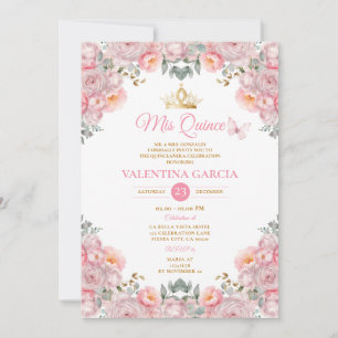 Meisje Roze Quinceañera 15 Anos Bloemen Gouden Kro Kaart