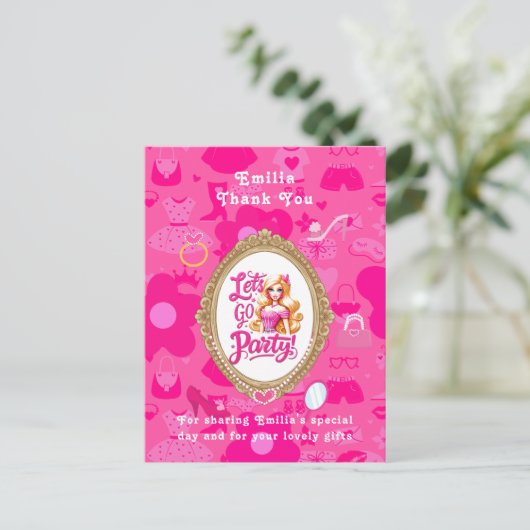 Meisje roze retro pop laten we gaan feestje verjaa briefkaart (Staand voorkant)