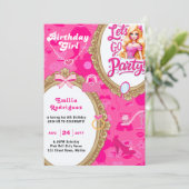 Meisje roze retro pop laten we gaan feestje verjaa kaart (Staand voorkant)