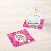 Meisje roze retro pop laten we gaan feestje verjaa kartonnen onderzetters (Insitu)