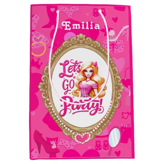 Meisje roze retro pop laten we gaan feestje verjaa medium cadeauzakje (Voorkant)