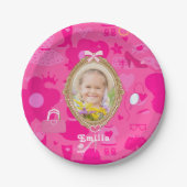 Meisje roze retro pop laten we gaan feestje verjaa papieren bordje (Voorkant)