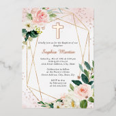 Meisje Roze Rose Goud Kruis Bloemen Doop Folie Uitnodiging (Voorkant)
