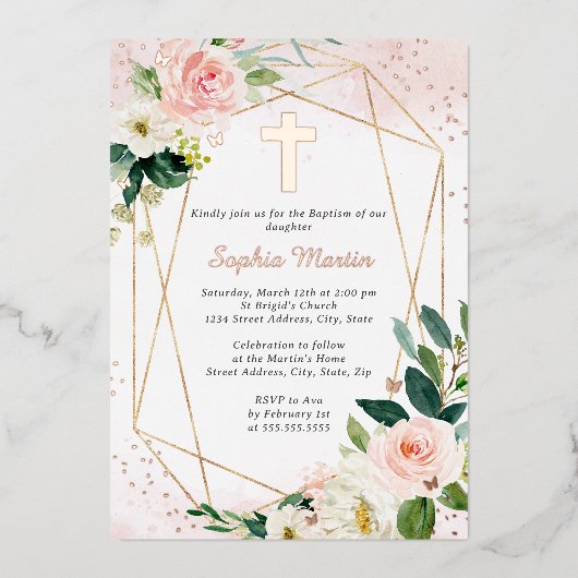 Meisje Roze Rose Goud Kruis Bloemen Doop Folie Uitnodiging (Voorkant)