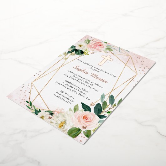 Meisje Roze Rose Goud Kruis Bloemen Doop Folie Uitnodiging (Gedraaid)