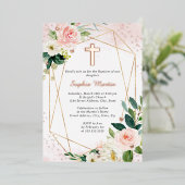 Meisje Roze Rose Goud Kruis Bloemen Doop Folie Uitnodiging (Staand Voorkant)
