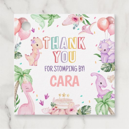 Meisje Roze Safari Dinosaurus Verjaardag Party Squ Bedankjes Labels (Voorkant)