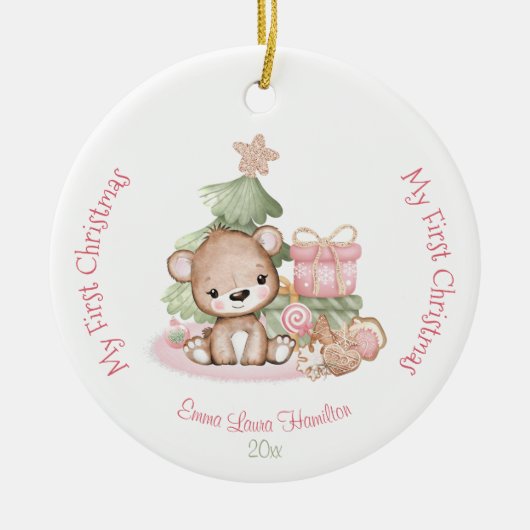 Meisje Roze Schattige Baby Beer Baby's First Keramisch Ornament (Voorkant)