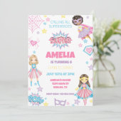 Meisje Roze Superheld Verjaardag Uitnodiging (Staand voorkant)