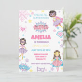 Meisje Roze Superheld Verjaardag Uitnodiging (Staand voorkant)