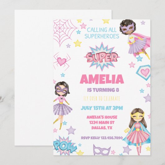 Meisje Roze Superheld Verjaardag Uitnodiging (Voorkant / Achterkant)