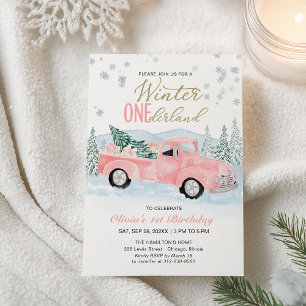 Meisje Roze Truck Winter Onederland Eerste Verjaar Kaart