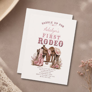 Meisje Roze Vintage Eerste Rodeo 1e Verjaardag Kaart