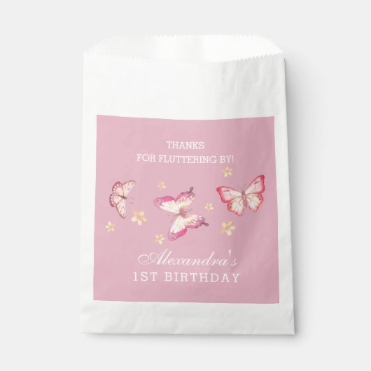 Meisje Roze Vlinder 1e Verjaardag Bedankt Bedankzakje (Voorkant)