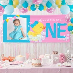 Meisje roze Waterverf eend oh wat leuk foto feest Spandoek