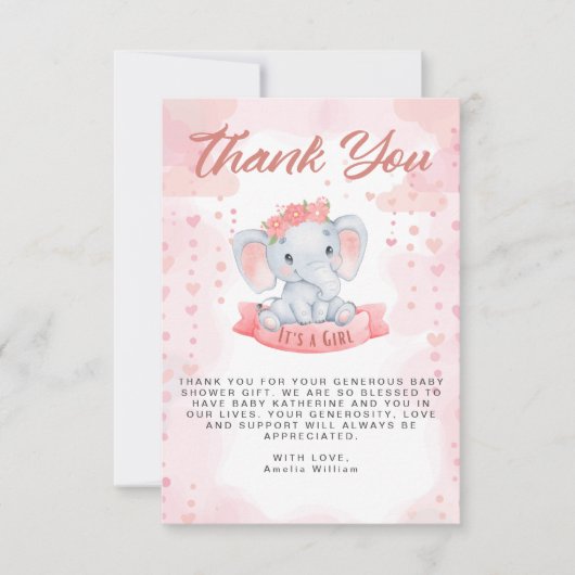 Meisje Roze waterverf olifant baby shower Bedankkaart (Voorkant)