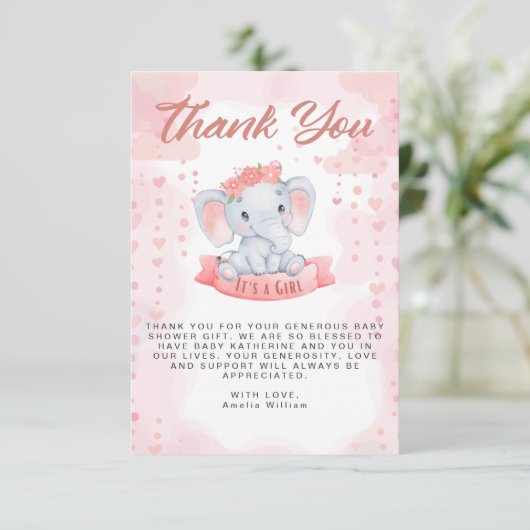 Meisje Roze waterverf olifant baby shower Bedankkaart (Staand voorkant)