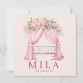 Meisje Roze Wieg Bloemen Waterverf Geboorte Kaart (Voorkant)