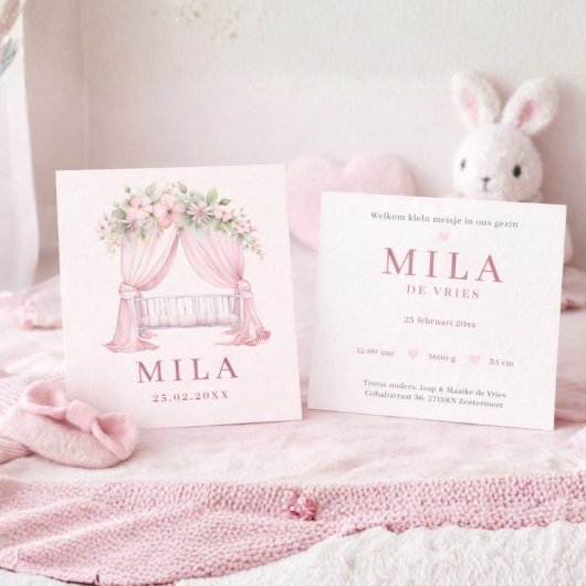 Meisje Roze Wieg Bloemen Waterverf Geboorte Kaart
