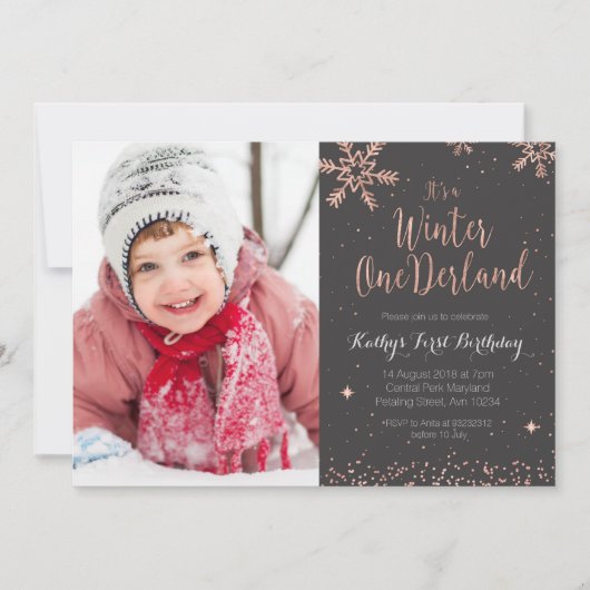 Meisje Roze Winter Onederland Uitnodiging (Voorkant)