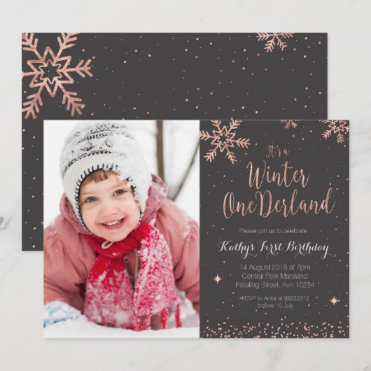 Meisje Roze Winter Onederland Uitnodiging (Voorkant / Achterkant)